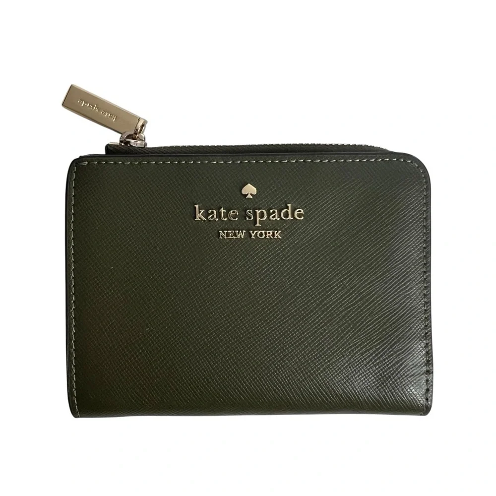 Kate Spade Small L-zip Wallet Green Gold Hardware Snap Closure Pinmount Logo